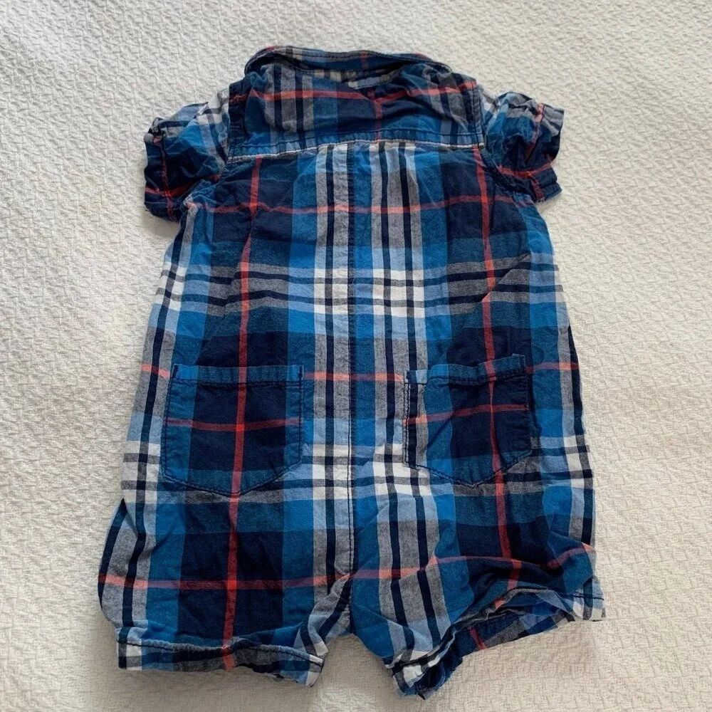 5/$25 Carter's 9 Months Blue Red Plaid Short Sleeve‎ Romper Button Front Cotton